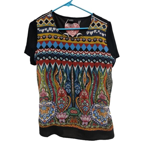 Desigual Womens Top Size Large Multi Paisley Wearable Art Eclectic Short Sleeve - Picture 1 of 7